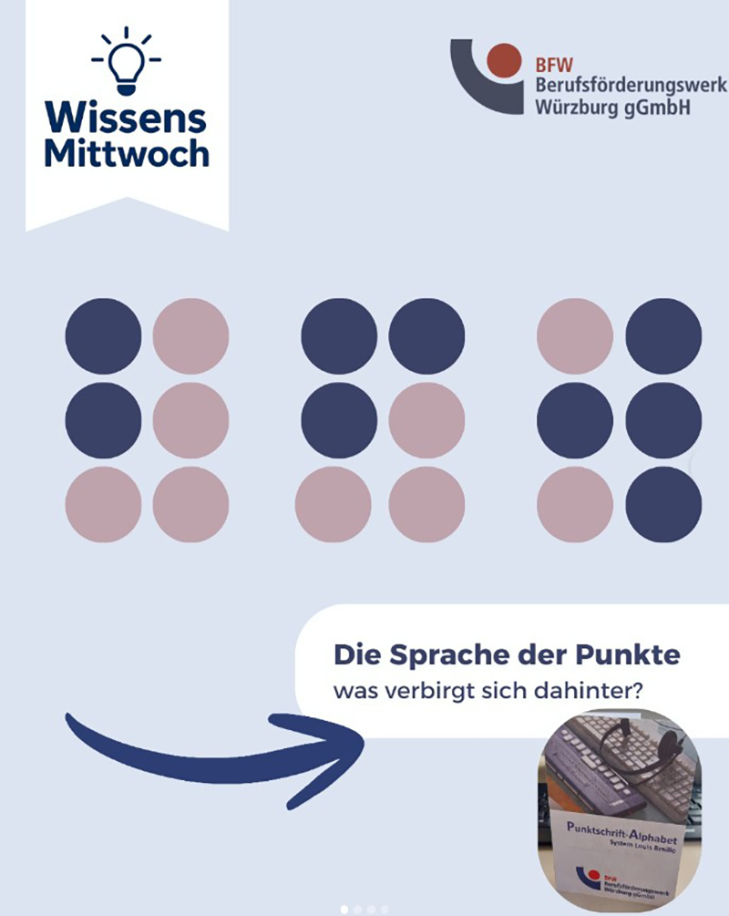 Abbildung einer Braillezeile, Aufschrift 'Die Sprache der Punkte' Abbildung einer Braillezeile, Aufschrift 'Die Sprache der Punkte'