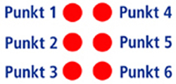 Beschriftete Abbildung des 6-Punkte-Braillesystems