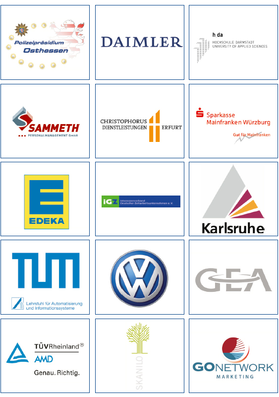 Firmenlogos: Polizeipräsidium Osthessen, Daimler, Hochschule Darmstadt, Sammeth Personal Managemnt, Sparkasse Mainfranken, Christopherus Dienstleistungen Erfurt, EDEKA, IGZ, TUM, VW, GEA, TÜV Rheinland, Scamilo, Go Network